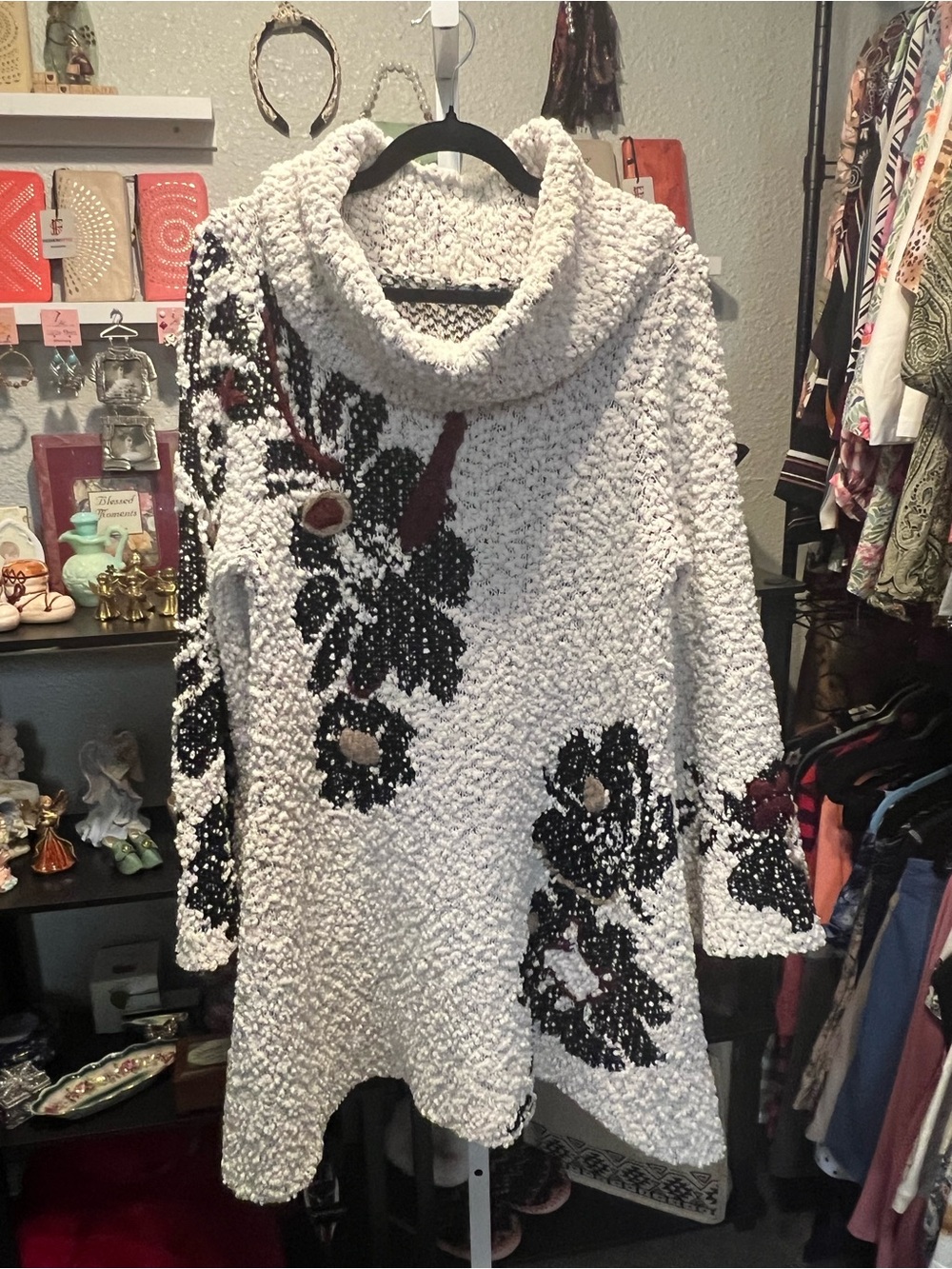 Cozy White Floral Cowl-Neck Sweater Tunic